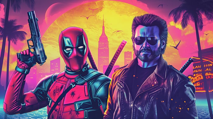 Deadpool and Wolverine in a Synthwave City