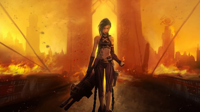 Jinx from Arcane in a burning city