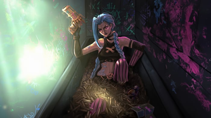 Jinx from Arcane sitting in a pile of bullets