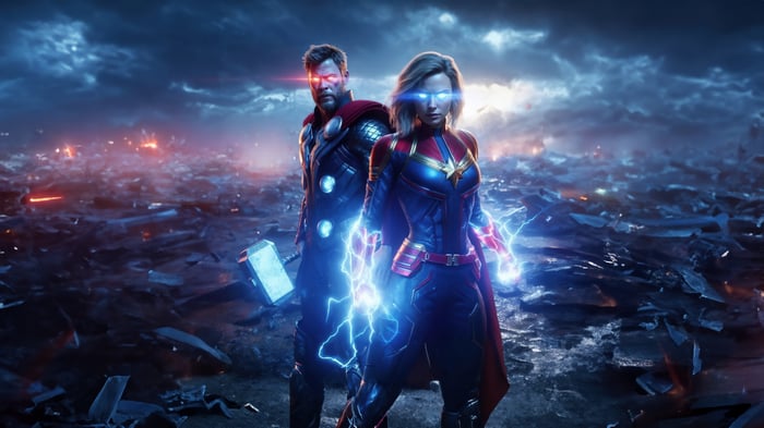 Thor and Captain Marvel in a destroyed landscape