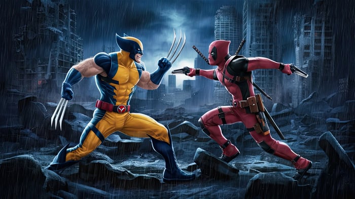 Wolverine vs. Deadpool in a ruined city