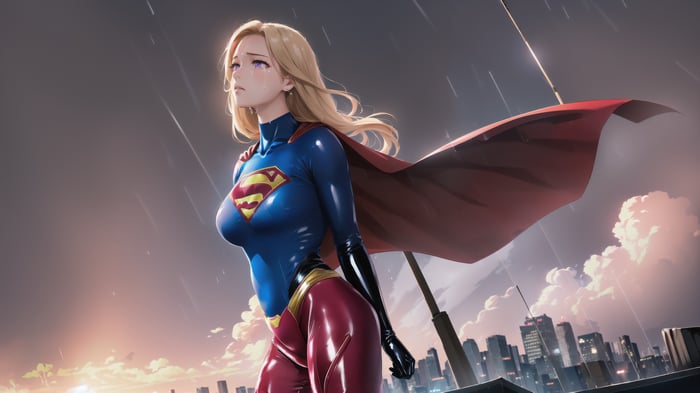 Supergirl standing on a rooftop in the rain