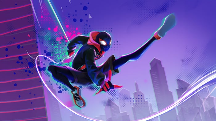 Miles Morales in a dynamic pose against a city skyline