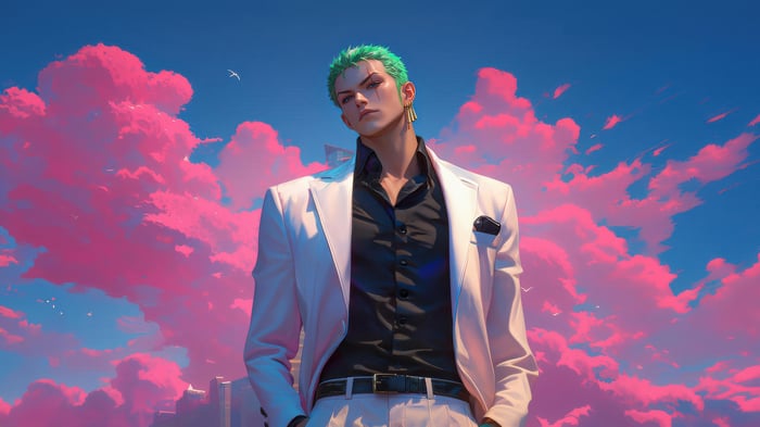 Roronoa Zoro in a white suit against pink clouds