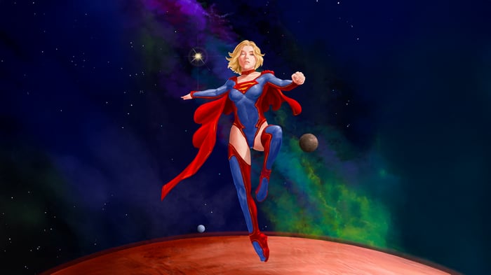 Supergirl in a blue and red costume in space