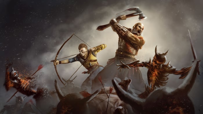 God of War Ragnarok Artwork: Kratos and Atreus Battle Enemies