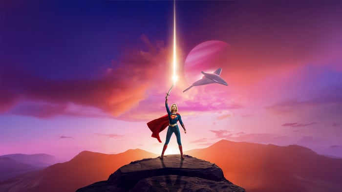 Supergirl holding a sword with a spaceship and planet