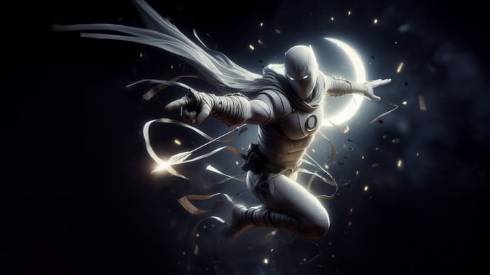 Moon Knight in front of a crescent moon