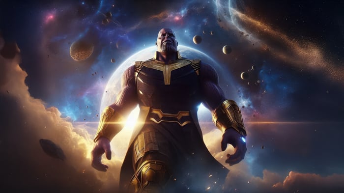 Thanos in Space with Planets and Nebula