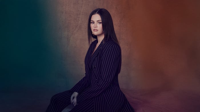 Selena Gomez in a pinstripe suit