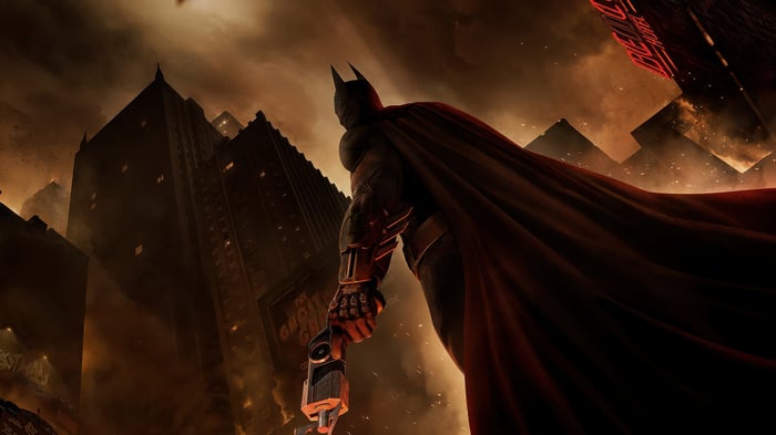 Batman in a burning Gotham City