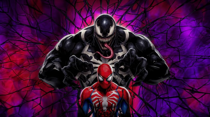 Spider-Man and Venom against a purple background