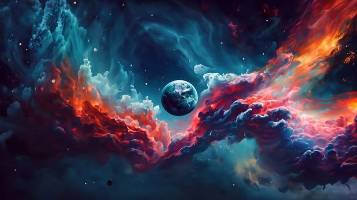Planet Earth in a colorful nebula in deep space