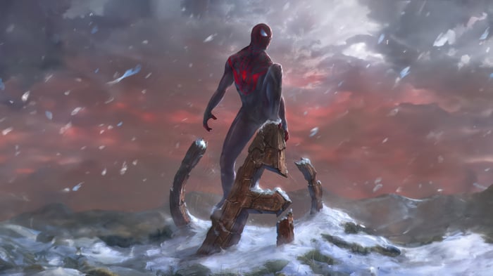 Miles Morales Stands Among Ancient Ruins in Snow