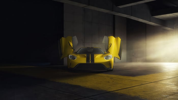 Yellow Ford GT with Butterfly Doors