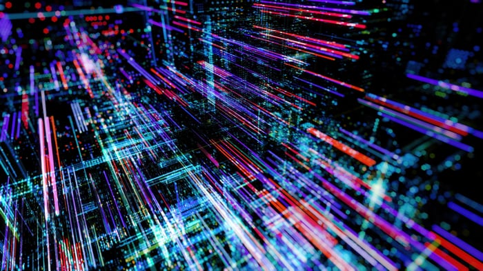 Abstract digital grid with fast moving lines
