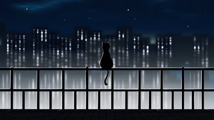 Black cat sits on a railing overlooking a city at night