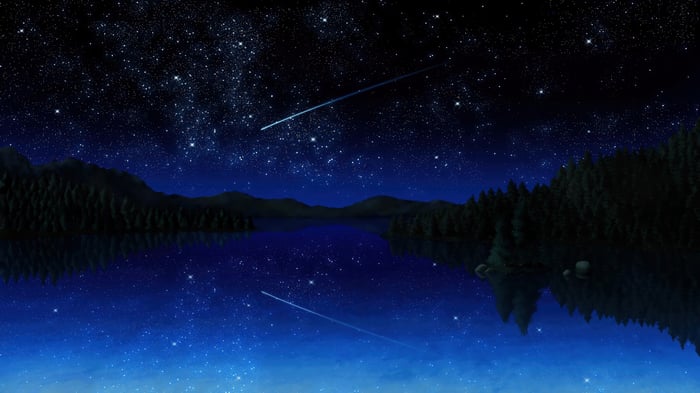 Night sky full of stars over a lake and forest