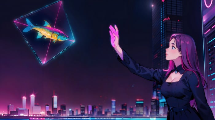 Anime Girl Reaches for Holographic Fish in Neon City