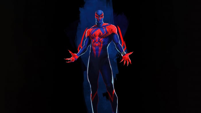 Spider-Man 2099 standing against a dark background