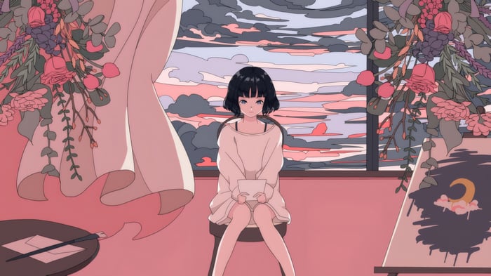 A girl holding a letter with flowers and a painting