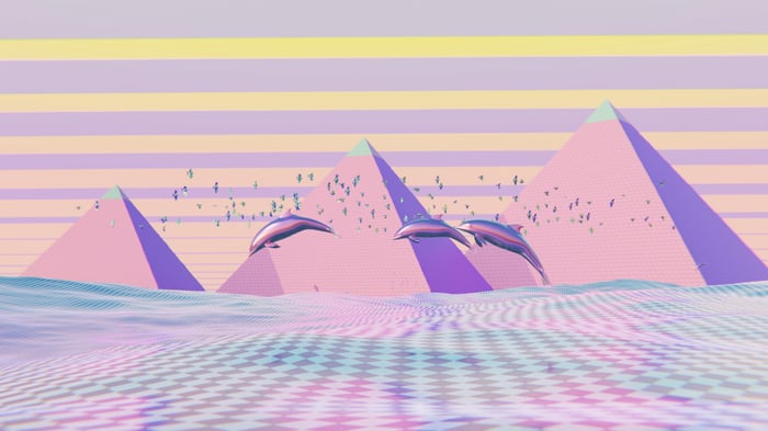 Dolphins and birds over pastel pyramids