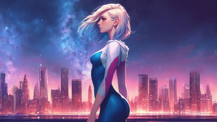 Gwen Stacy in a futuristic city at night