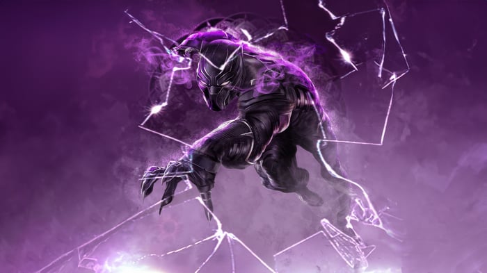 Black Panther Breaking Through Glass with Purple Energy