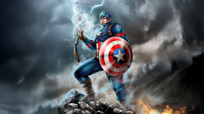 Captain America with Thor's Hammer and Shield