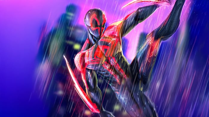 Spider-Man 2099 in a futuristic city