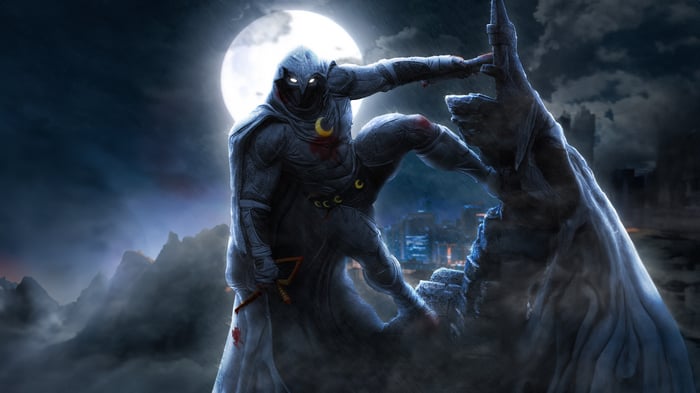 Moon Knight in a battle-ready pose under the moon