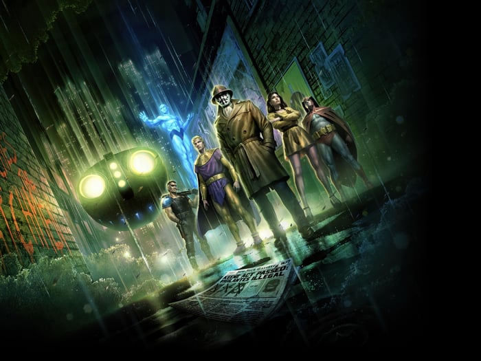 Watchmen characters in a rainy alley
