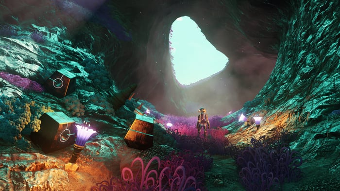 No Man's Sky Cave with Astronaut and Alien Flora