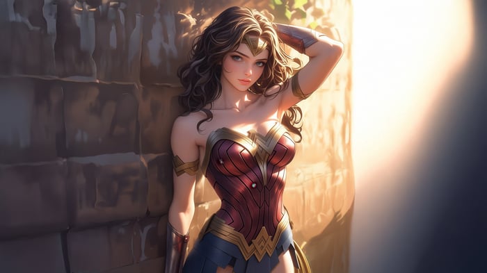 Wonder Woman leaning against a stone wall