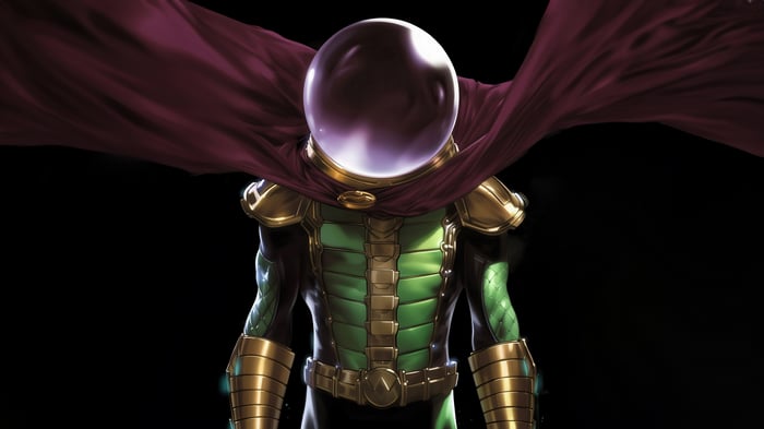 Mysterio in his green and gold suit with a purple cape