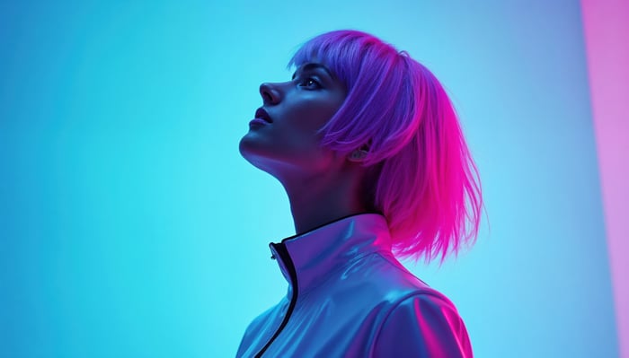 Cyberpunk girl with short purple and pink hair