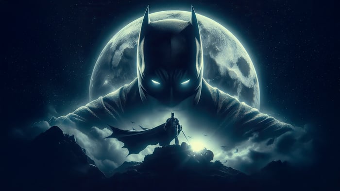 Batman in front of a large moon