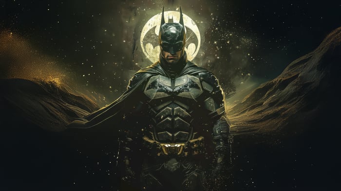 Batman in front of a Bat-Signal