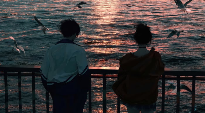 Two people watching seagulls at sunset