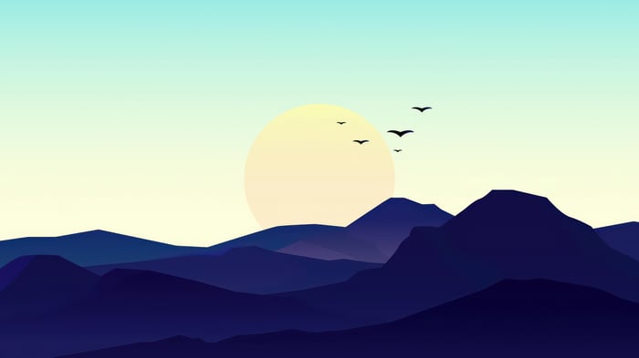 Minimalist landscape with birds flying towards the sun