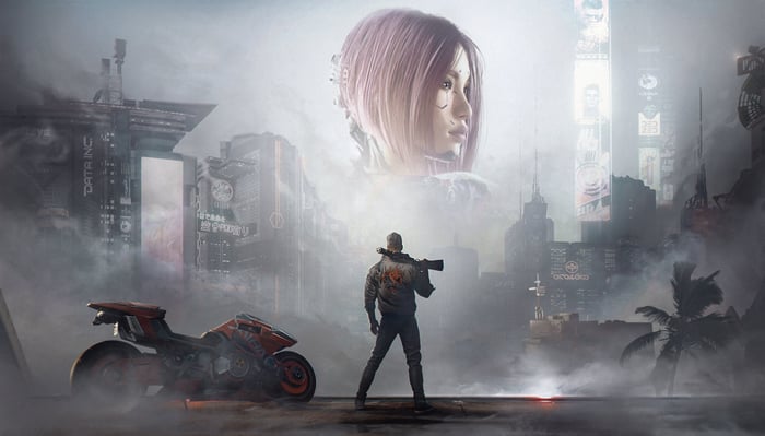 Cyberpunk 2077: A lone figure stands before a giant digital face