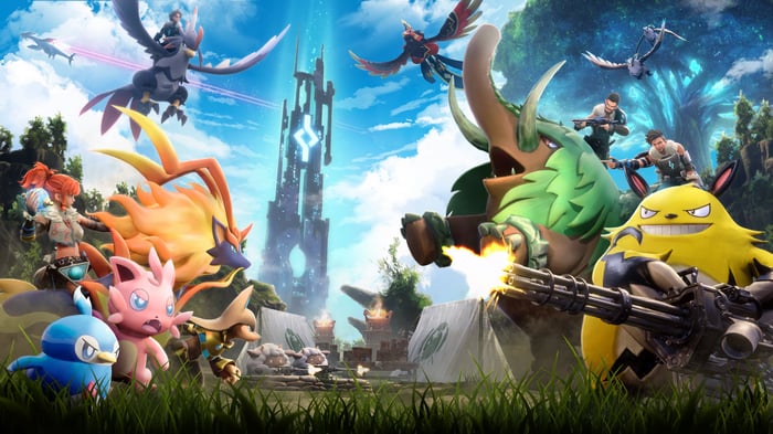 Palworld characters and creatures in a battle scene