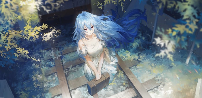 Anime girl with blue hair holding a suitcase on train tracks