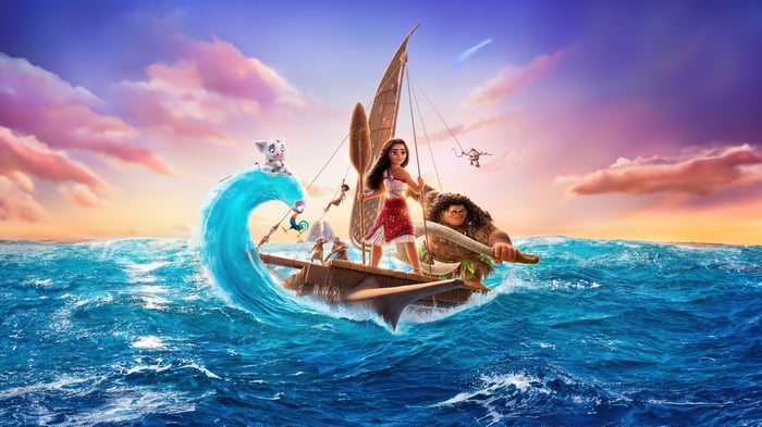 Moana and friends on a boat in the ocean
