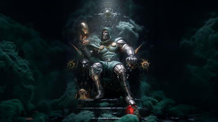 Doctor Doom sits on a throne surrounded by smoke