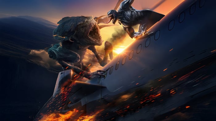 Venom fighting a monster on a burning airplane