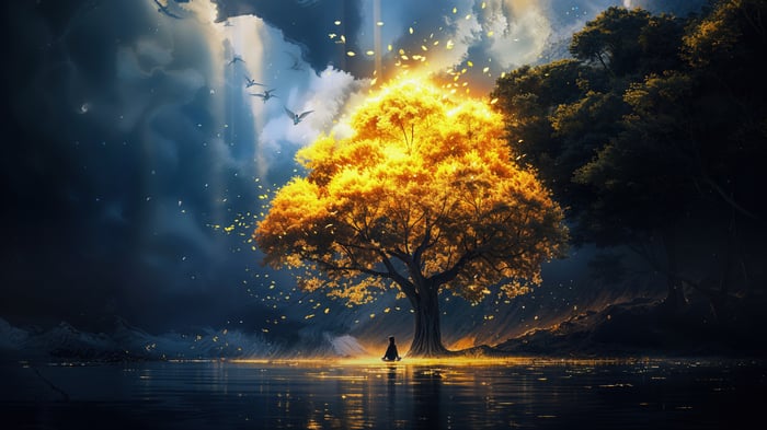 Golden Tree by the Water with a Meditating Figure