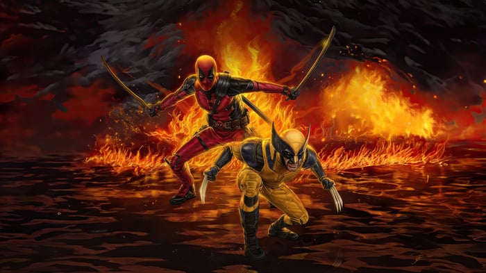 Deadpool and Wolverine in front of fire