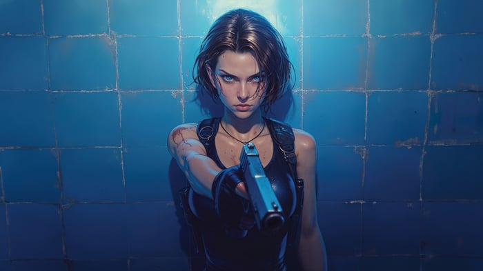 Jill Valentine holding a gun in Resident Evil