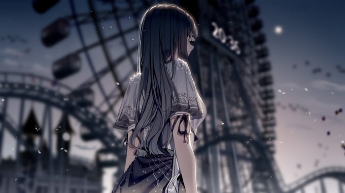 Anime girl in a theme park at night